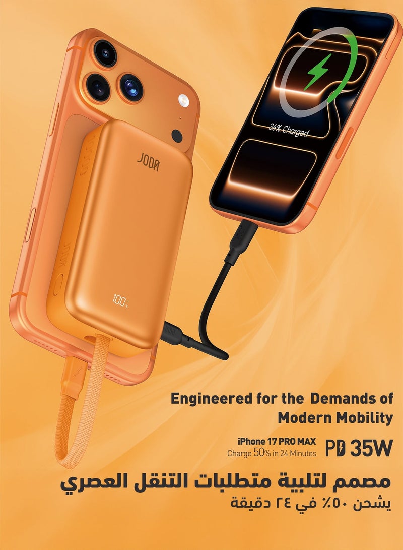 JODA MagTack 10 10000mAh PD 35W Power Bank with Nylon Braided Cable-Orange - Image 5